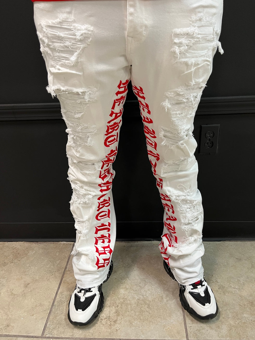 Red and White Heartless Jeans